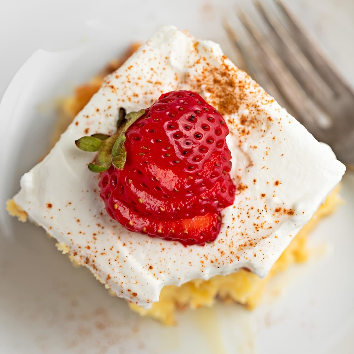 Homemade Tres Leches Cake with Strawberry Top View