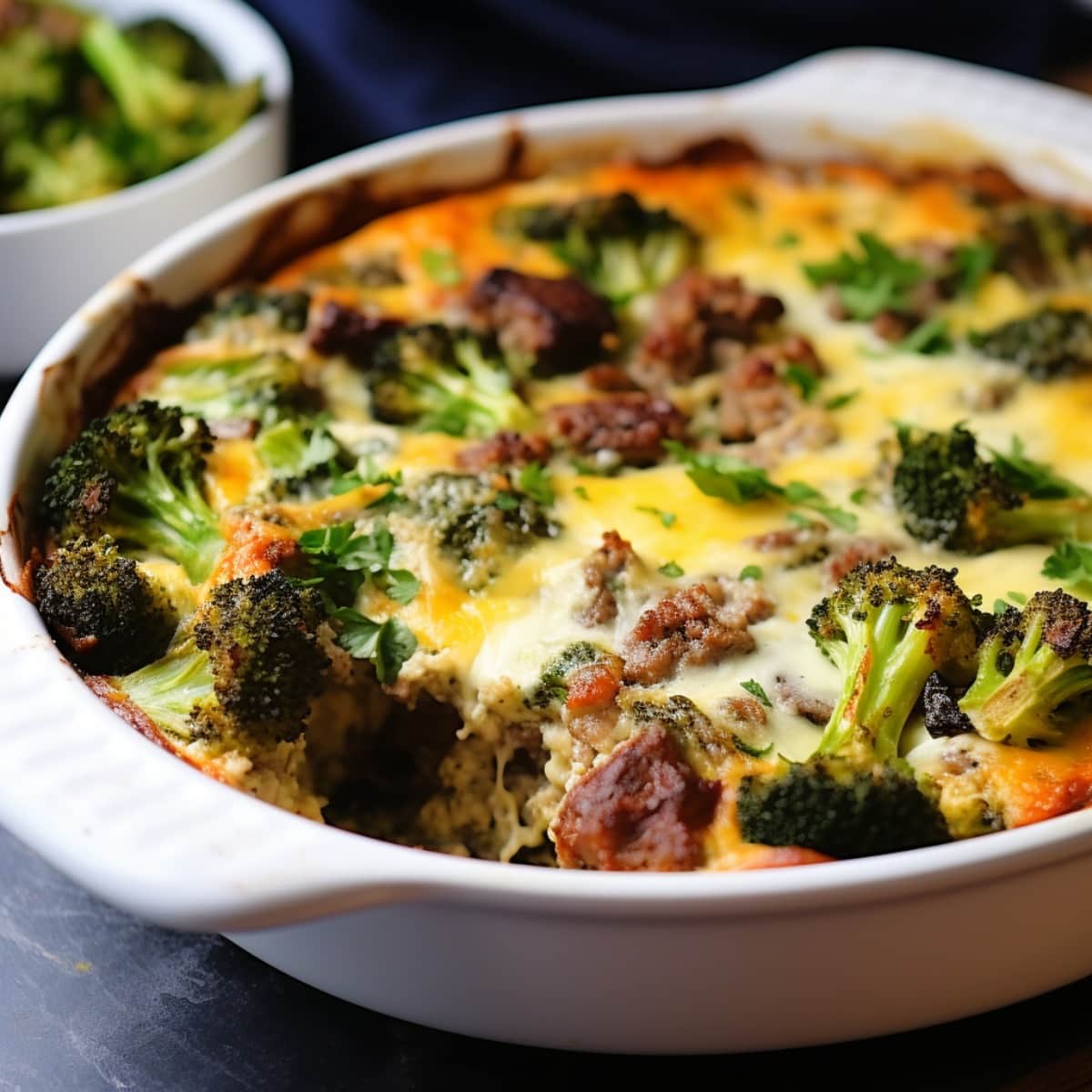 Breakfast casserole with sausage, broccoli and cheese on a baking dish. 