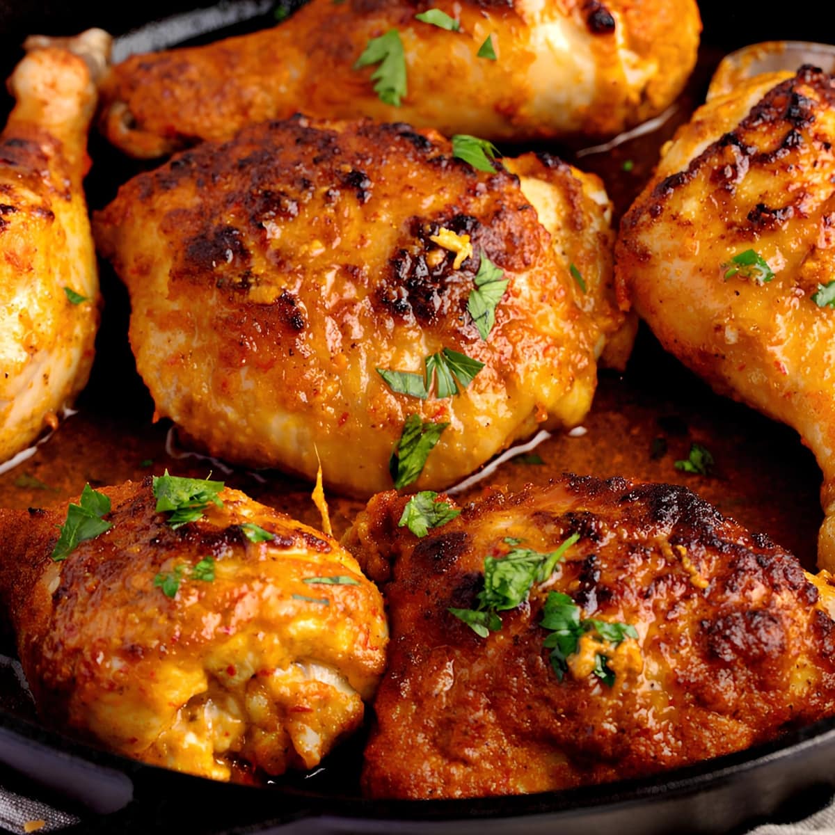Closeup view of home cooked Peri-peri chicken in a cast iron garnished with herbs.