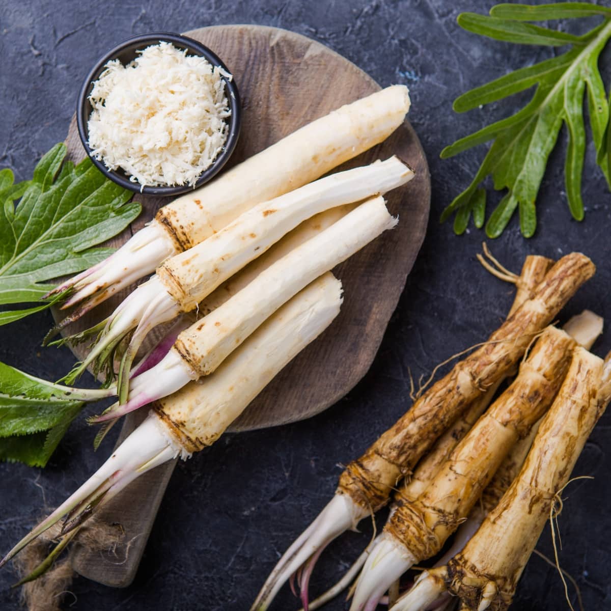 Fresh Horseradish Roots- Some Peeled Roots on a Cutting Board with a Bowl of Grated Horseradish and More Raw Horseradish to the Side