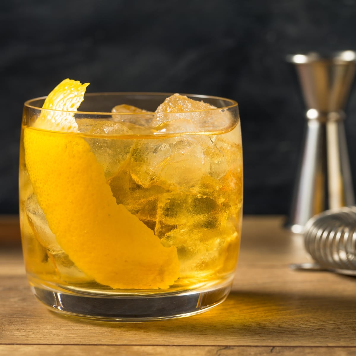 A Glass of Refreshing Rusty Nail Cocktail on Ice