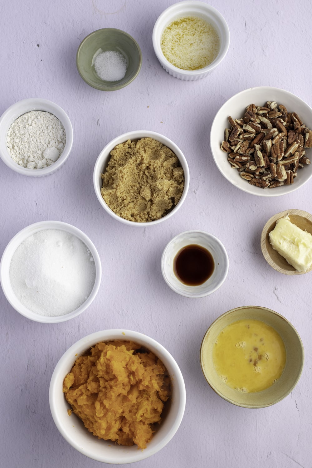 Ruth's Chris Sweet Potato Casserole Ingredients - Sugar, Flour, Pecans, Butter, Salt, Vanilla Extract, Sweet Potatoes and Eggs