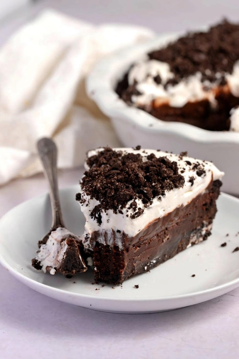 Slice of Mississippi Mud Pie on a plate with fork 