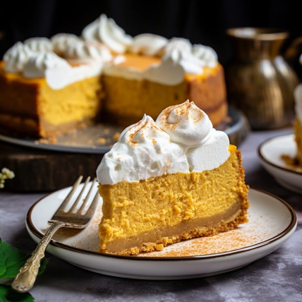 Slice of pumpkin cheesecake with whipped cream