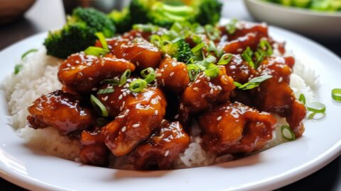 Slow Cooker Honey Garlic Chicken with rice and broccoli