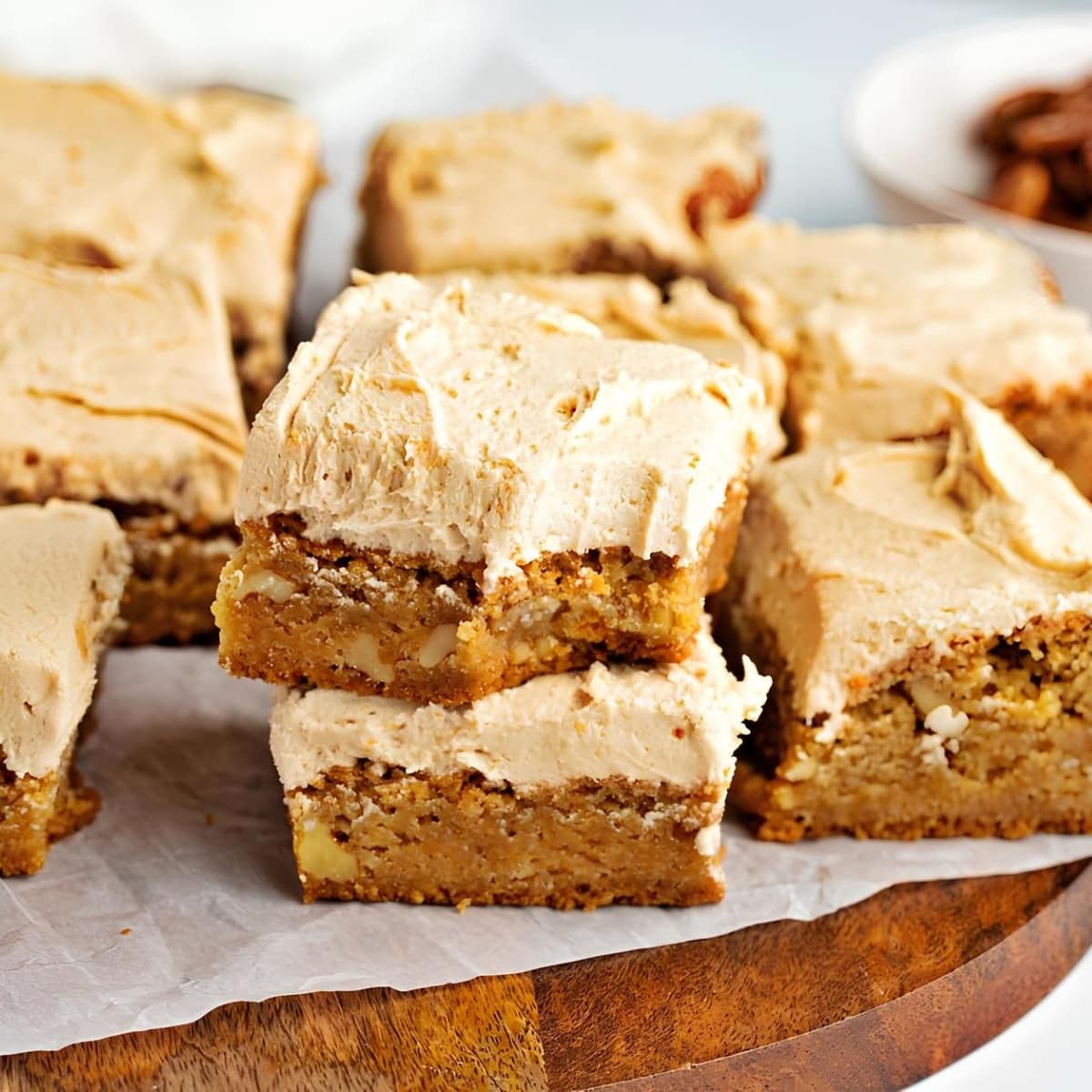 Sweet and Salty Butterscotch Brownies on a Wooden Board
