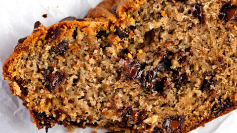 Sweet and Tender Chocolate Chip Banana Bread on a Parchment Paper