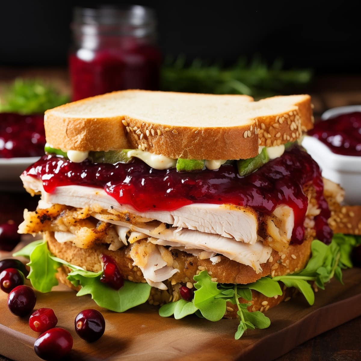 Turkey sandwich with cranberry sauce on cutting board.