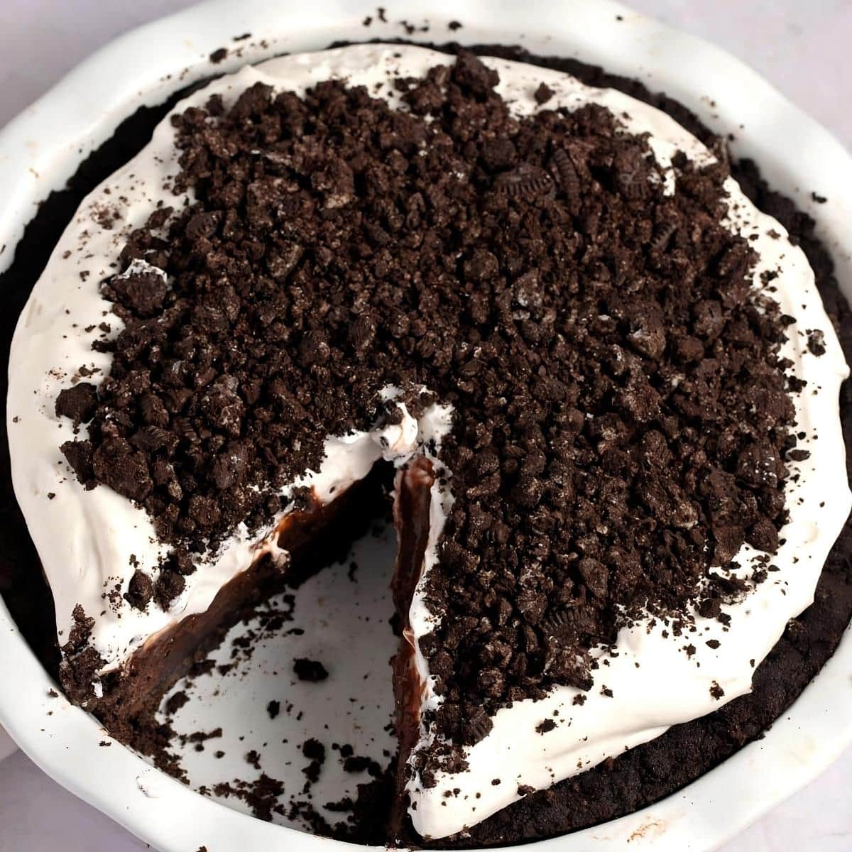 Top view of Mississippi Mud Pie with crumbled Oreo toppings