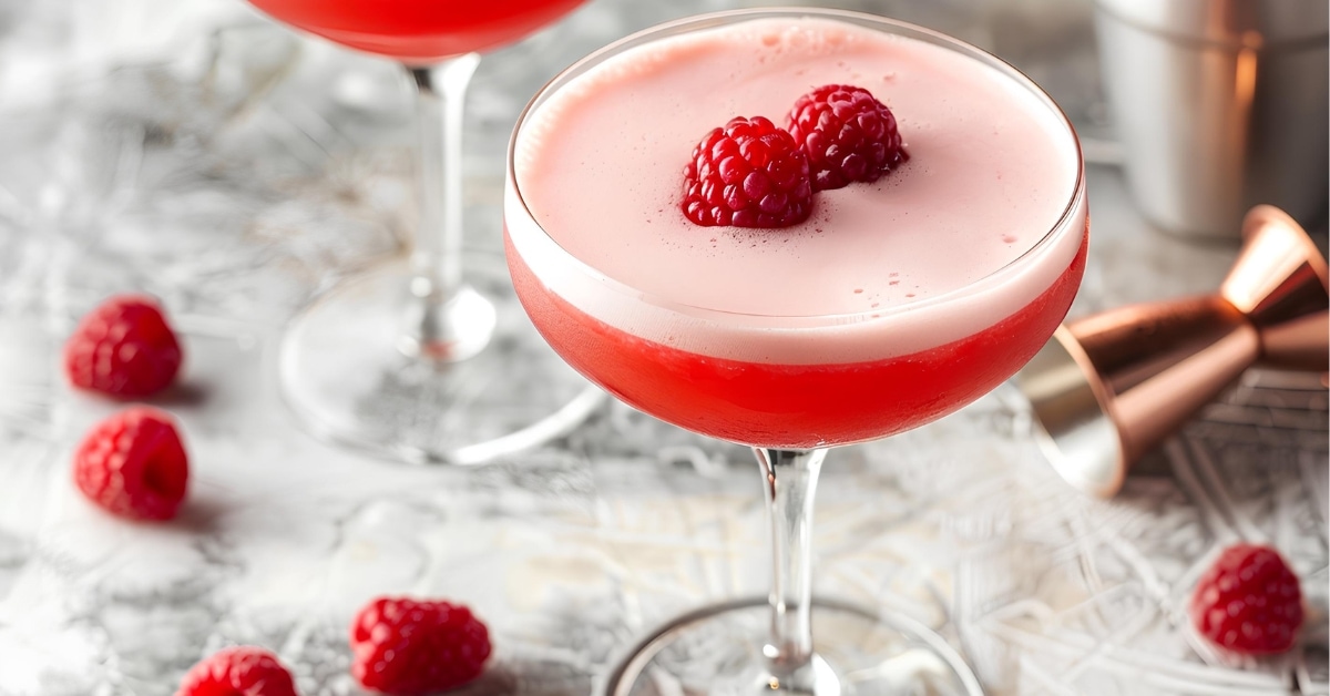 Two glasses of clover club drink topped with raspberries