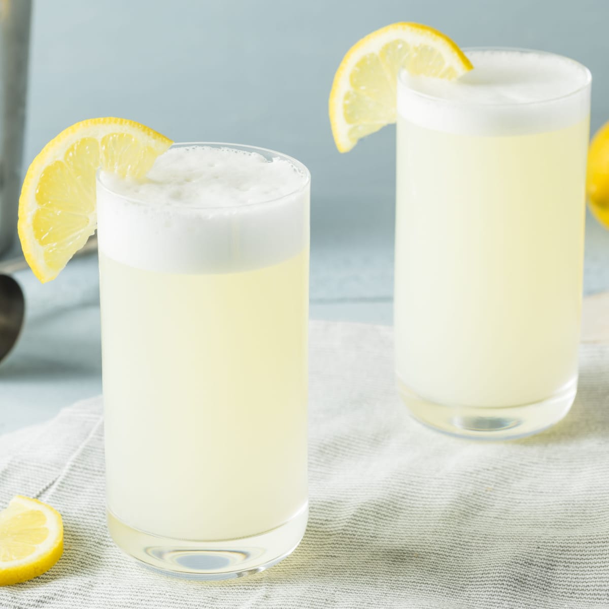 Two of glasses of Gin Fizz Cocktails garnish with lemon slices 