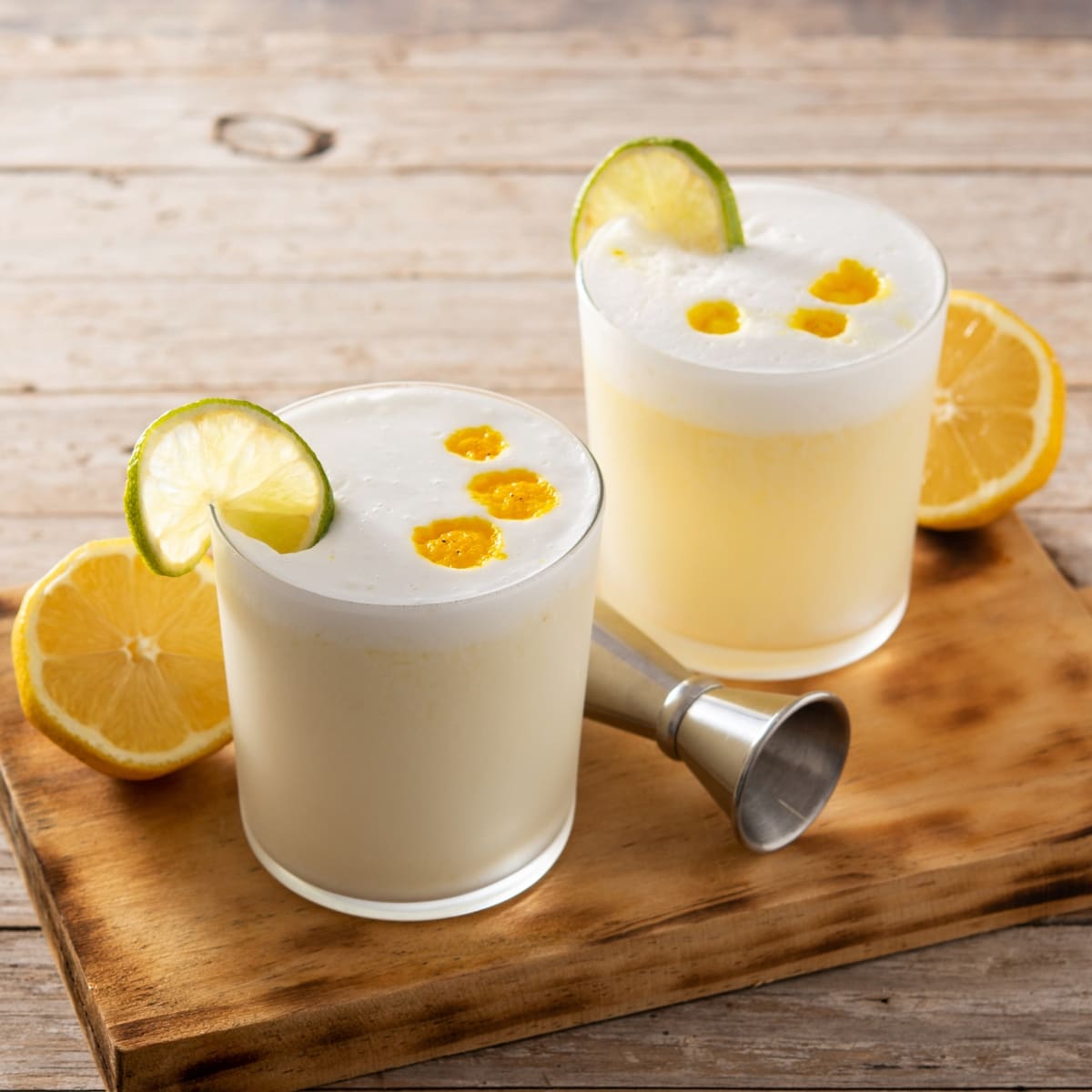 Two Glasses of Foamy Pisco Sour, Garnished with Lime Wedges on a Wooden Cutting Board with a Shot Measurer and Lemon Halves