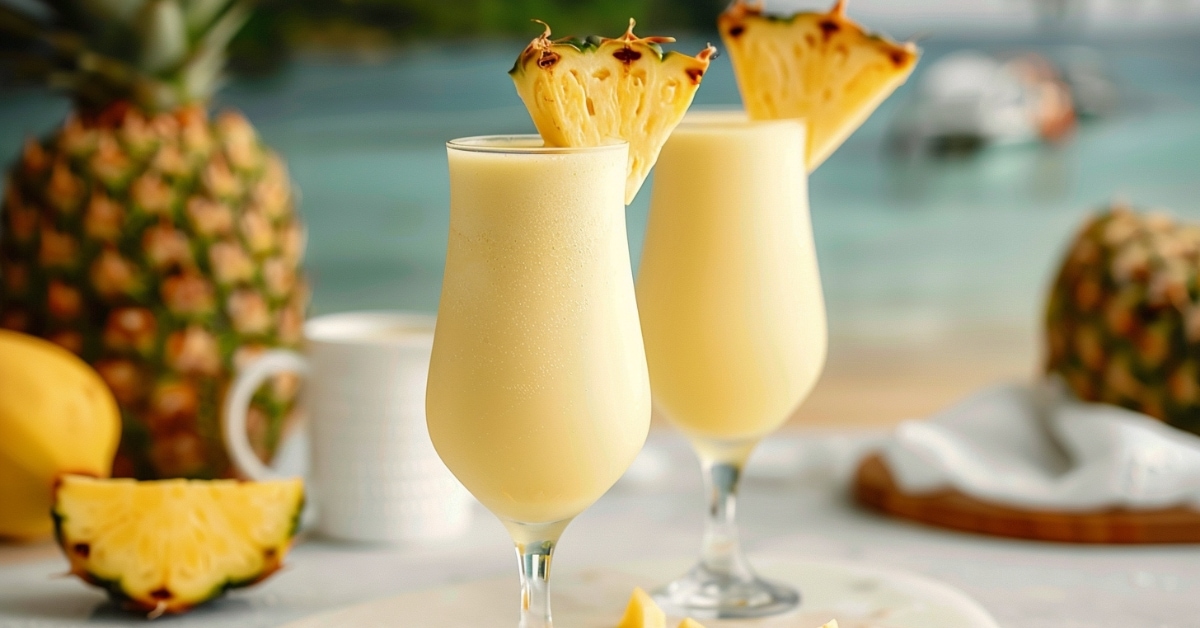 Two glasses of homemade creamy pina colada topped with potato wedge