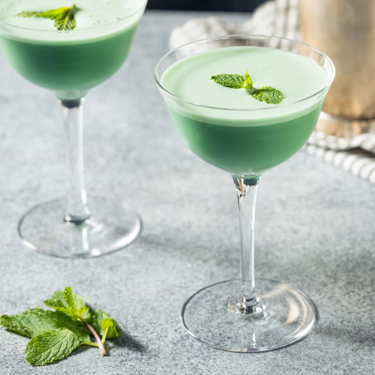 Two Glasses of Creamy and Refreshing Grasshopper Cocktails