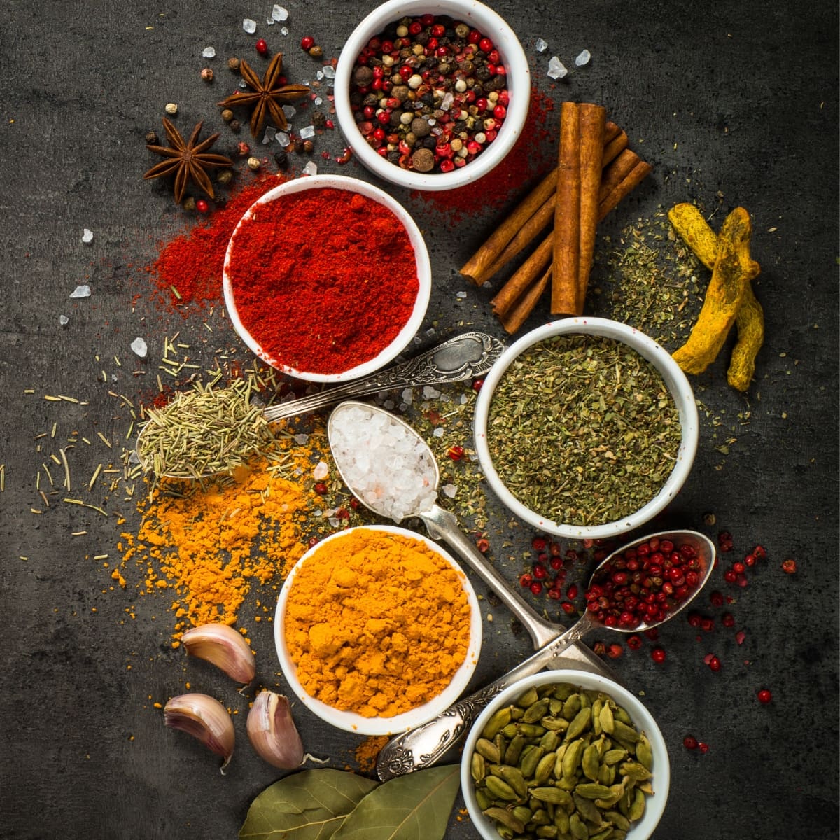 Ultimate List of Spices for Cooking (25 Kitchen Essentials) featuring Various Spices and Herbs in Bowls and Spread Over a Dark Background with Spoons of Herbs, Spices, and Salt