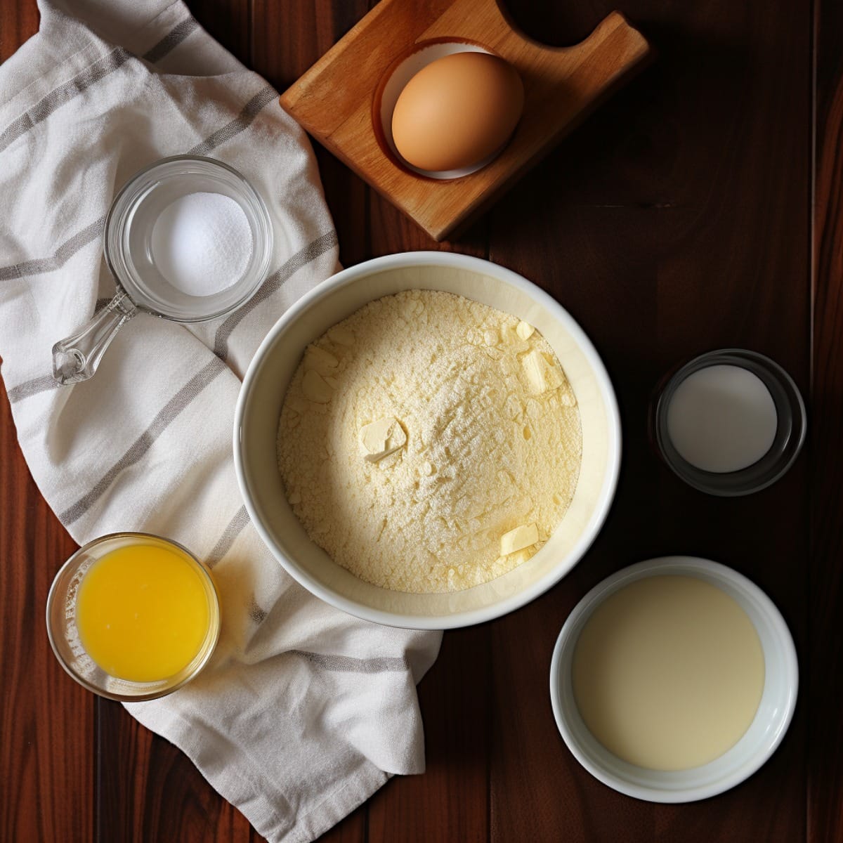 Cornbread Ingredients: flour and cornmeal, sugar, eggs, butter, buttermilk, and baking soda
