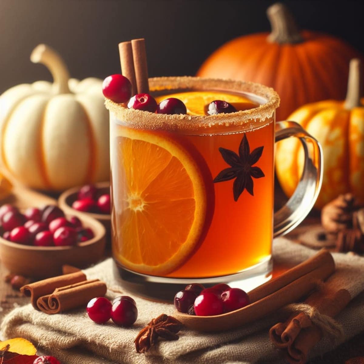 Glass of hot toddy with orange slices, cranberries and cinnamon sticks