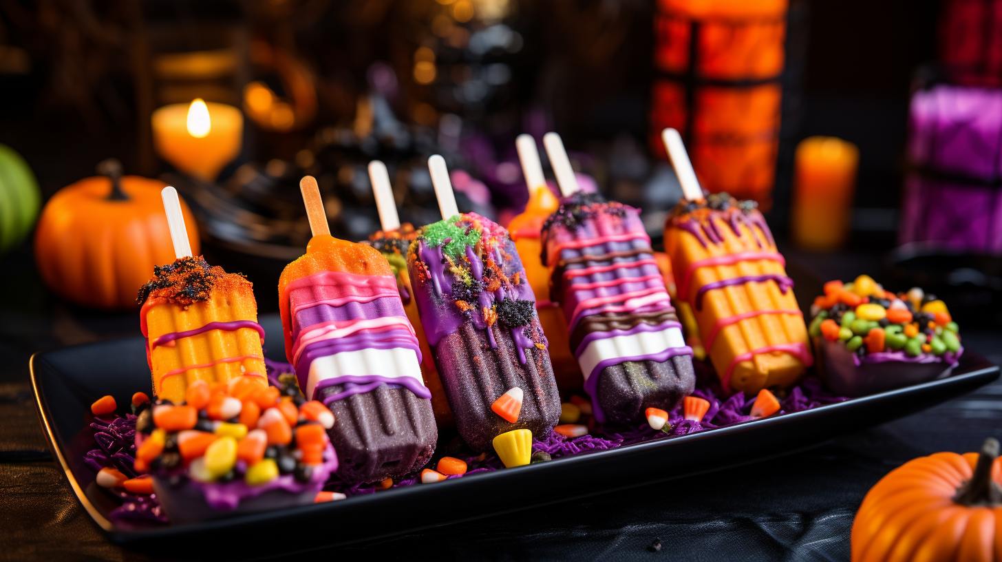 Tray of colorful Halloween caksicles