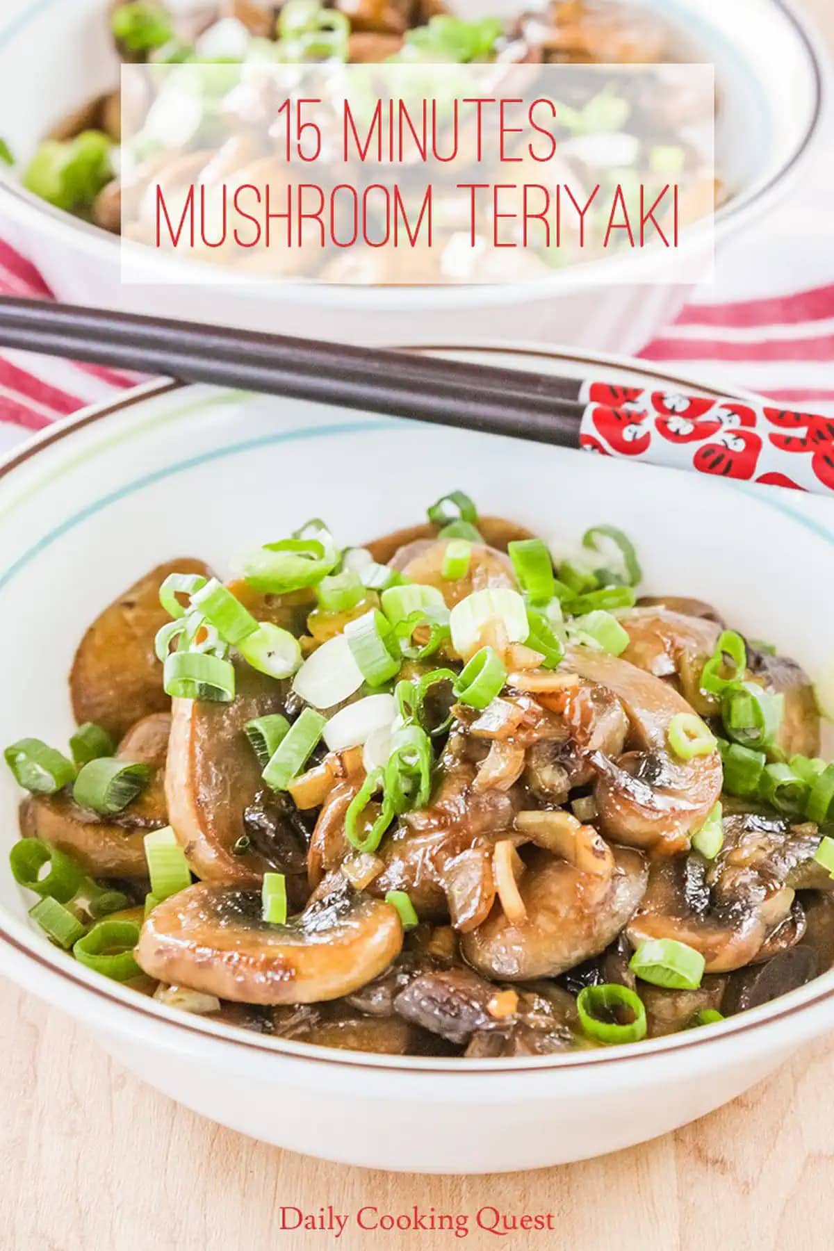 Mushroom teriyaki in a bowl garnished with chopped chives. 