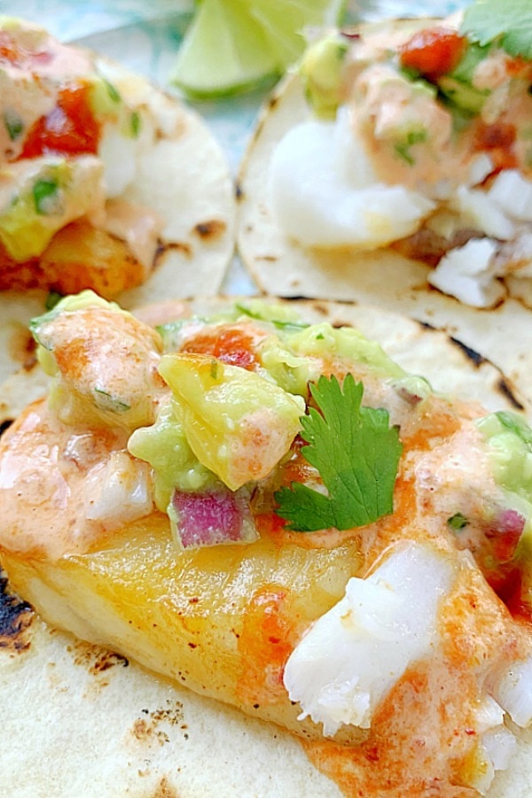 Close up view of homemade Air Fryer Fish Tacos
