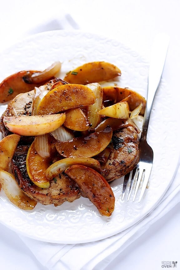 Pork chops topped with apple cinnamon. 