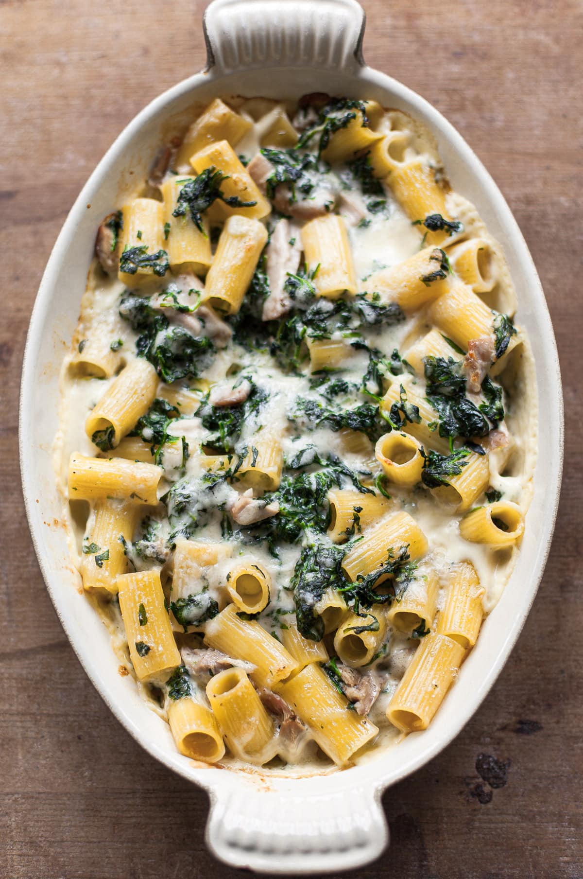 A comforting delicious chicken and spinach pasta bake
