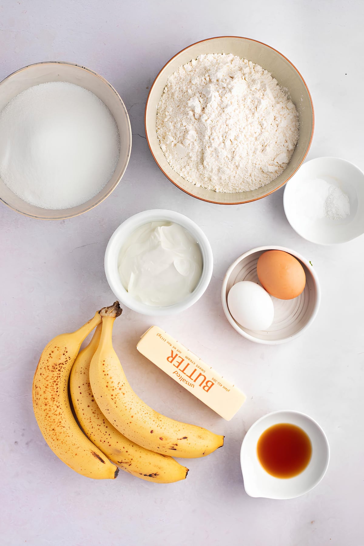 Banana Bread Brownies Ingredients - Granulated Sugar, Sugar, Butter, Eggs, Ripe Bananas, Vanilla Extract, All-Purpose Flour, Salt and Chopped Walnuts