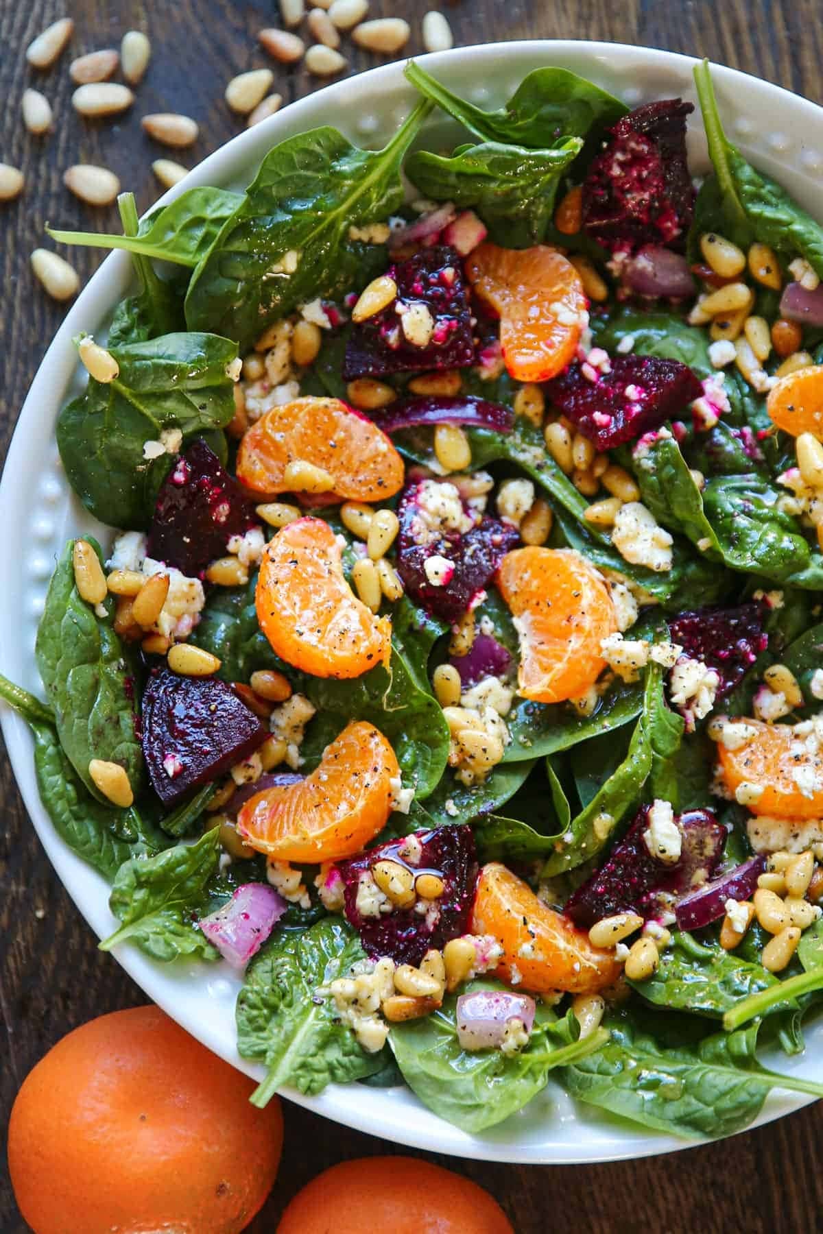 Roasted beet and orange salad with toasted pine nuts paired with meaty beets and tart oranges. 