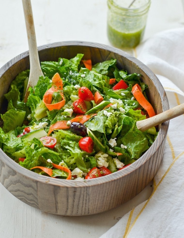 Italian Salad with Romaine Lettuce, Carrots, Tomatoes, Olives and Feta Cheese