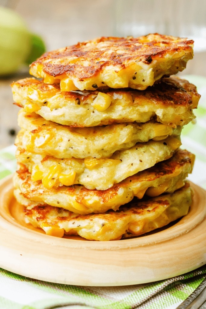 Stack of Bisquick corn fritters served on a wooden plate. 