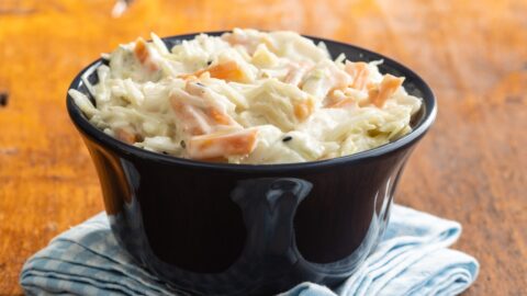Creamy Homemade Coleslaw in a Black Bowl