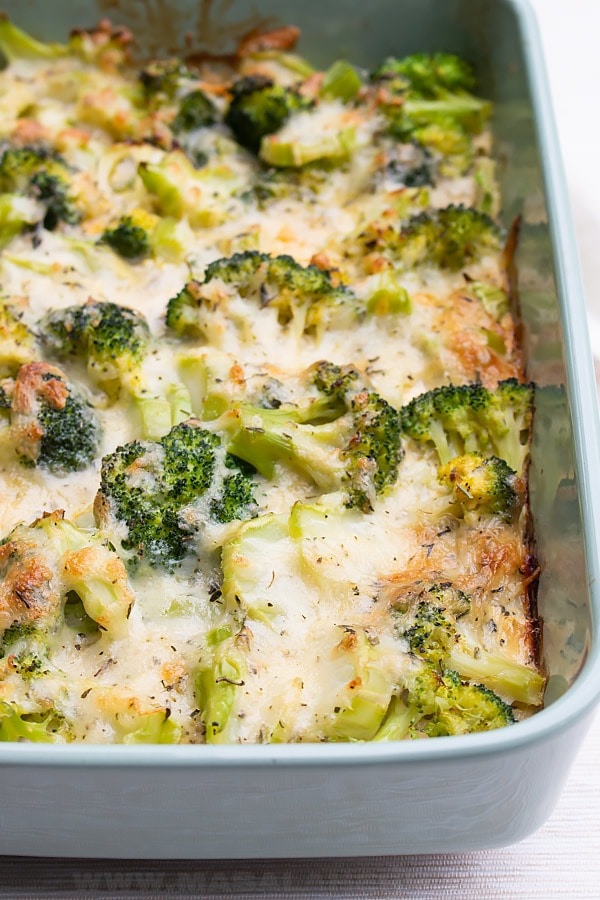 Broccoli cheese casserole in a baking dish. 
