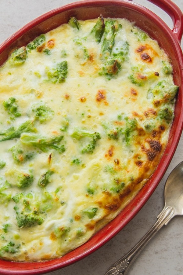 Broccoli cheese in a casserole dish. 