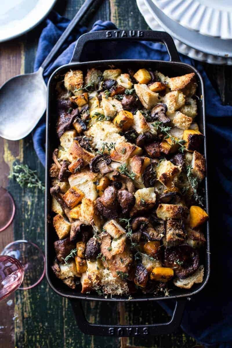Butternut squash and wild mushroom stuffing on a pan. 
