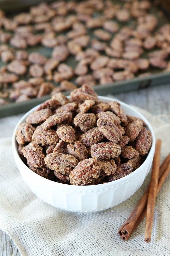 Bowl of candied pecans. 