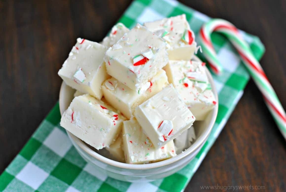 Bunch of Candy Cane Fudge on a bowl with  peppermint
