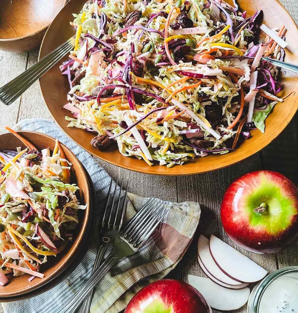 Homemade Carrot-Apple Slaw on a plates with shredded napa cabbage, red cabbage,  golden beets, apples, dried cranberries, pepitas, sunflower seeds and pecans