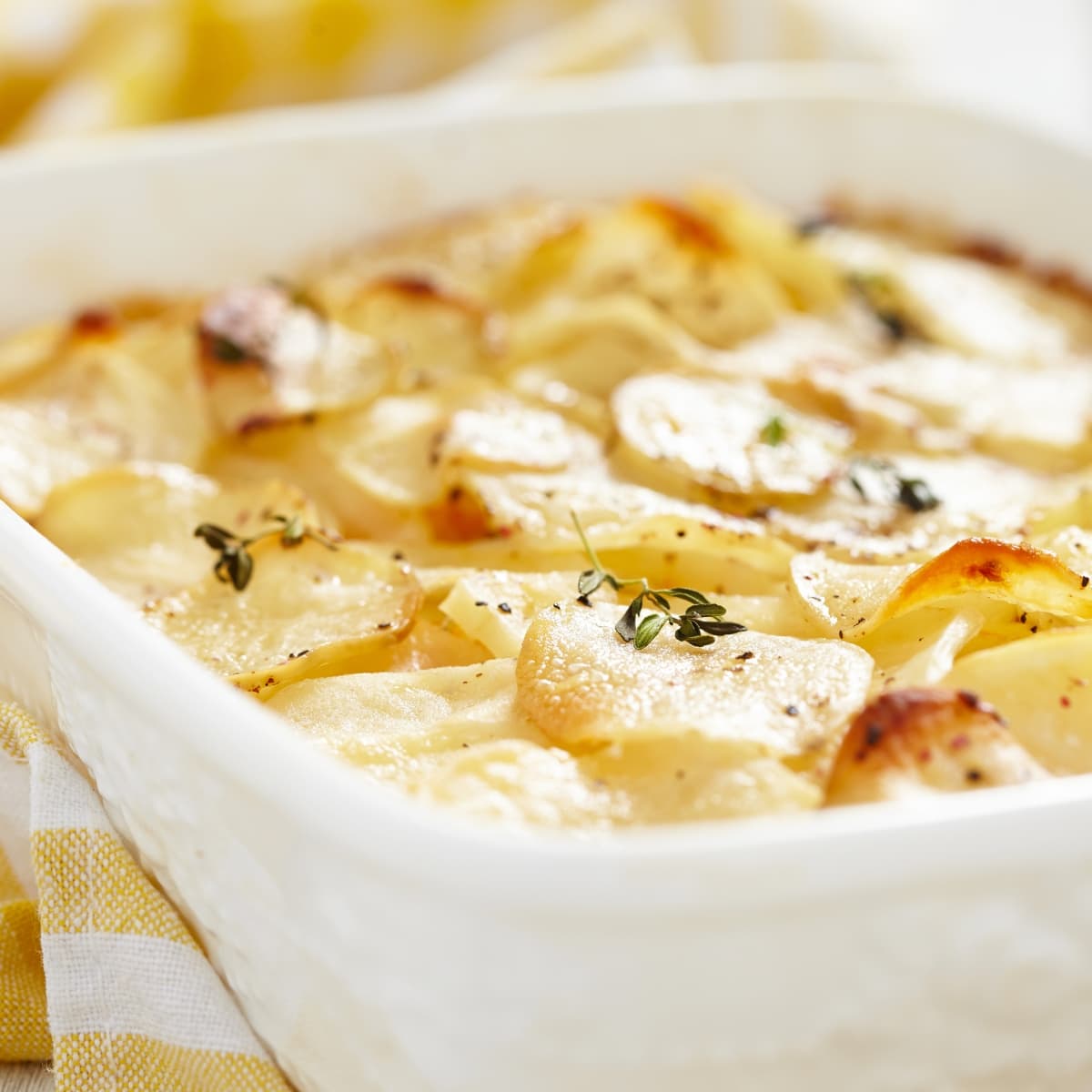 Casserole of Scalloped Potatoes on table