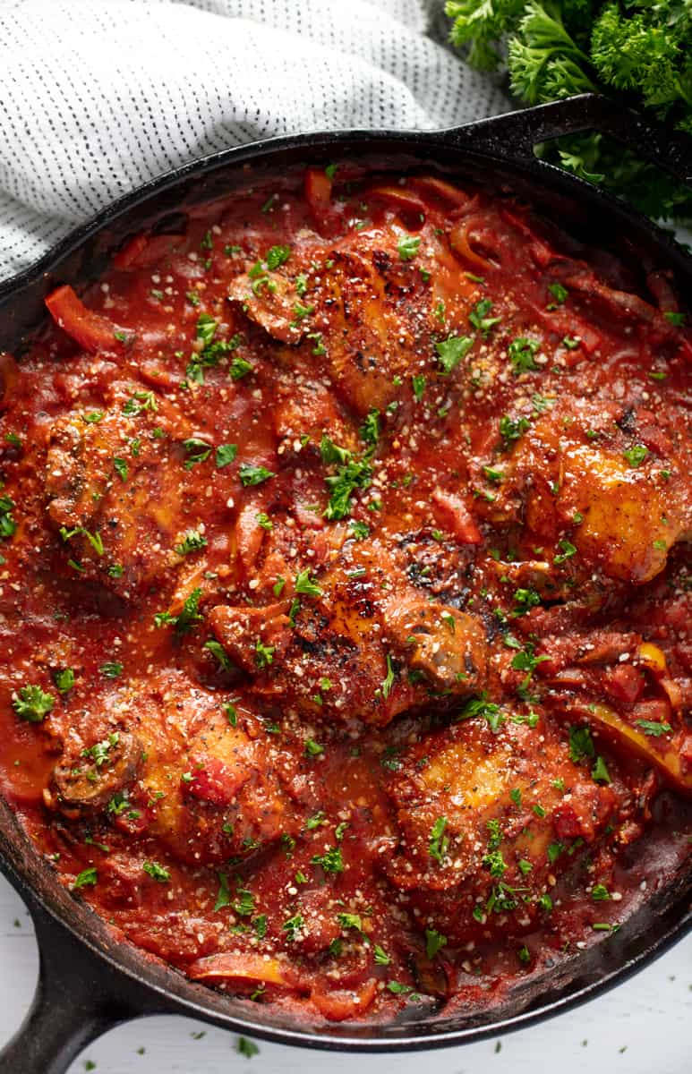 Chicken Cacciatore in Tomato Sauce Garnished with Parsley