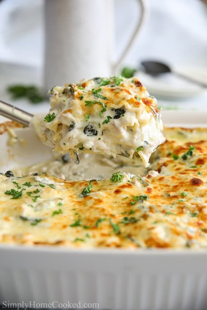 Scooping a portion of creamy chicken alfredo lasagna from a white dish. 