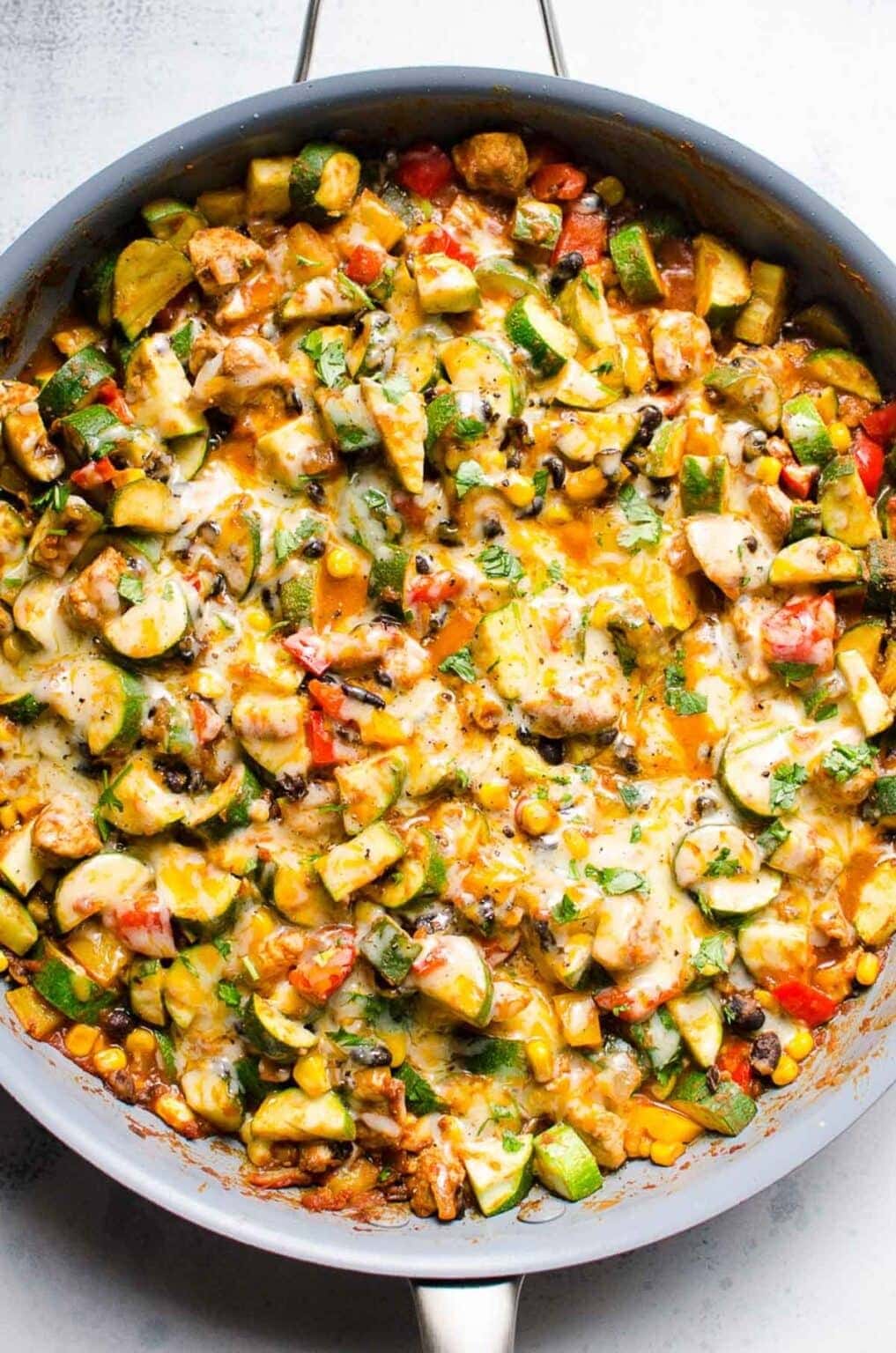 Tex mex chicken and zucchini in a pan. 