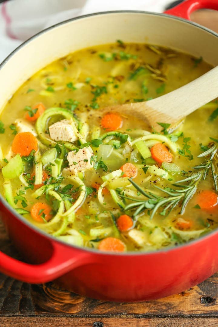 A pot of chicken zoodle soup. 