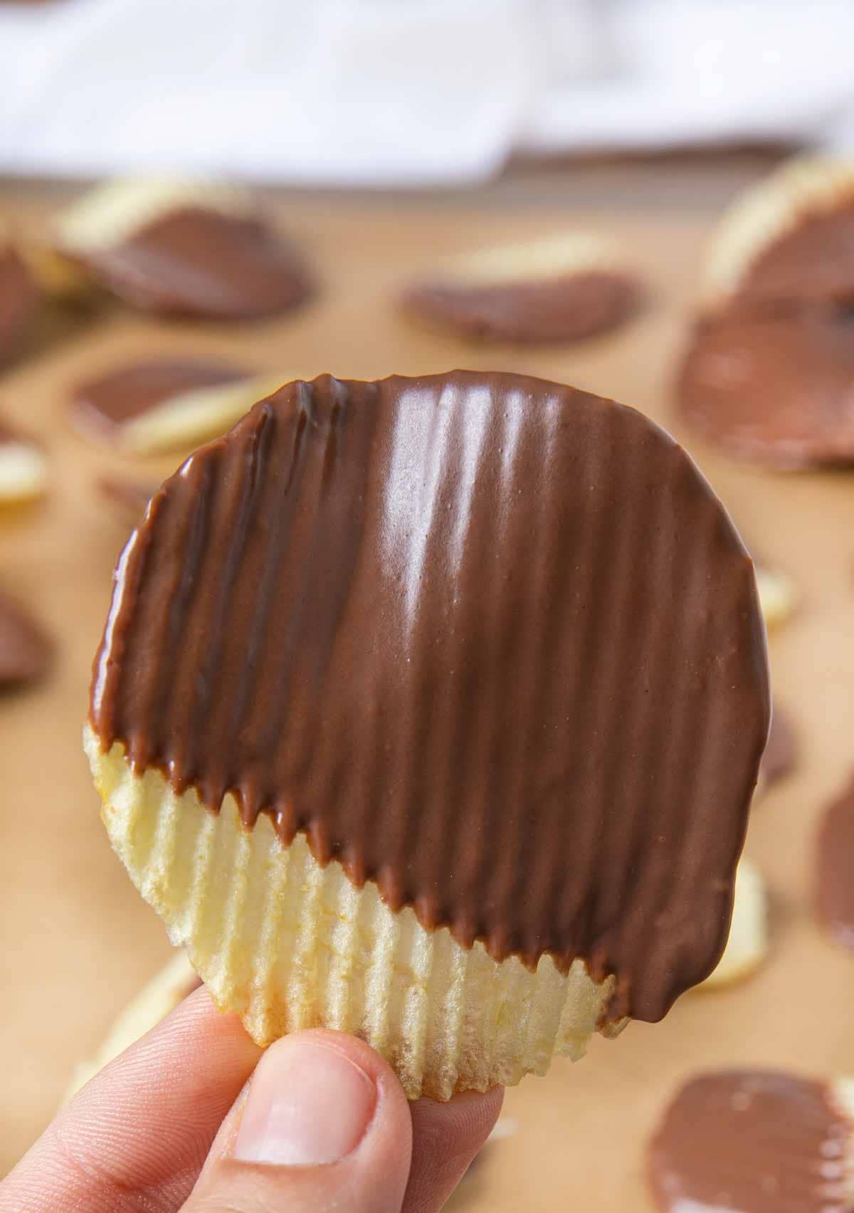 Close up view of Chocolate Covered Potato Chip