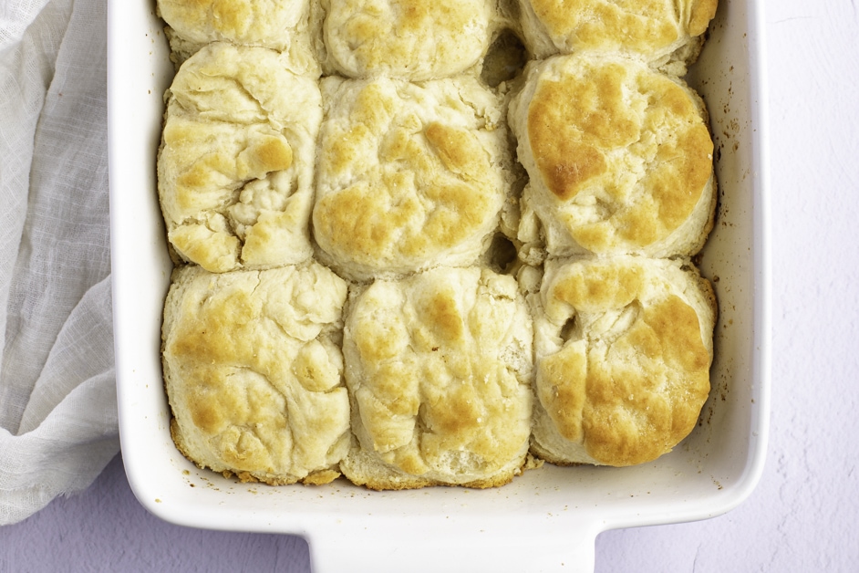 Close up view of 7-Up Biscuits on a baking dish