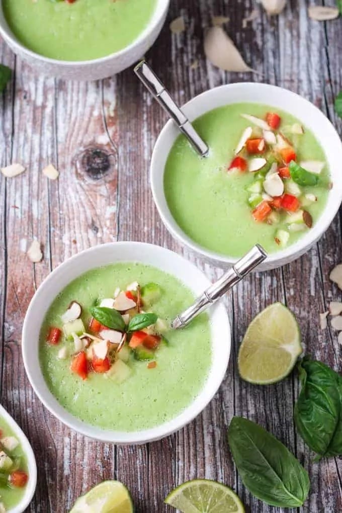 Cold Cucumber Soup Garnished with Diced Cucumber, Red Pepper and Slivered Almonds