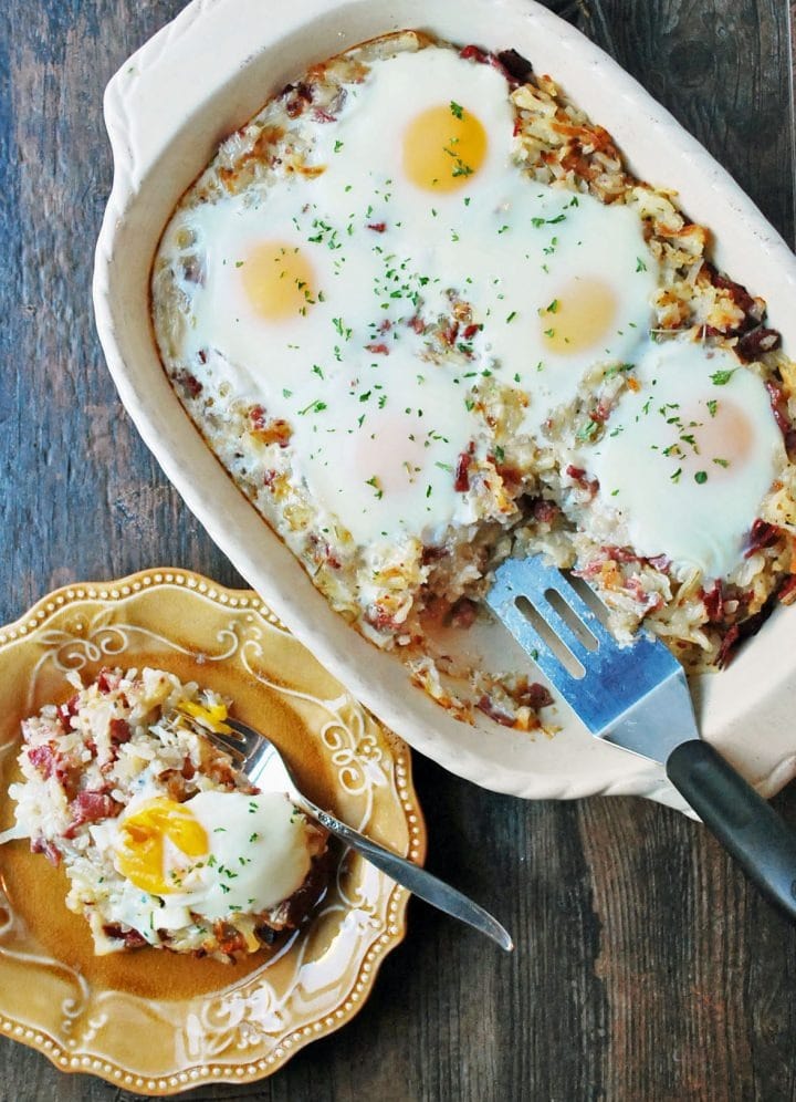 Corned Beef Hash Breakfast Casserole with toss corned beef, potatoes, herbs and eggs on top