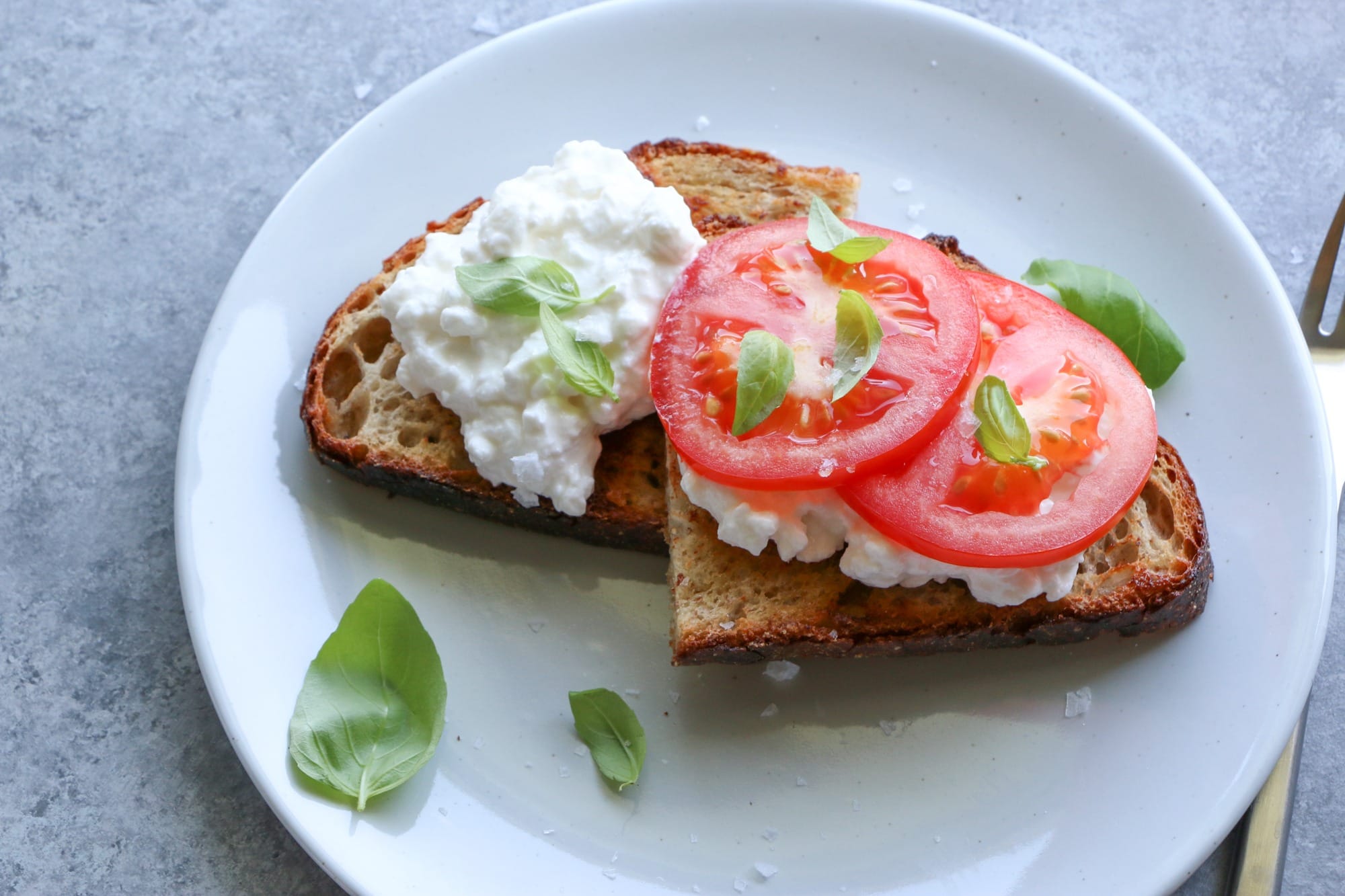 Homemade Cottage Cheese Toasts with sliced tomatoes and basil on a plate