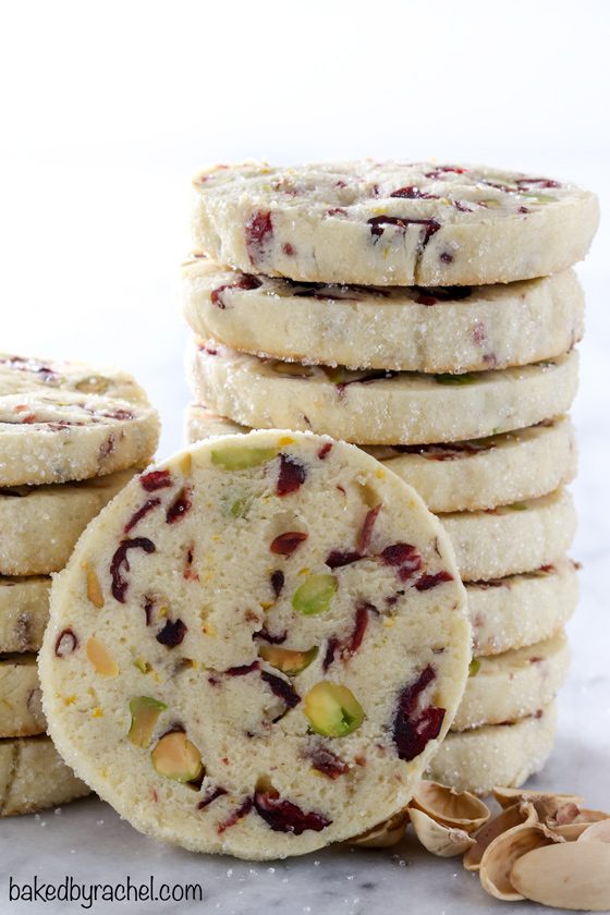 Stack of cookies with cranberry and pistachio. 
