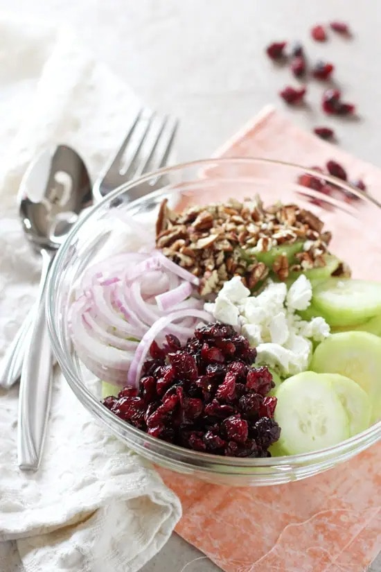 Cranberry pecan cucumber salad with dried cranberries, toasted pecans, cucumber, and red onion. 