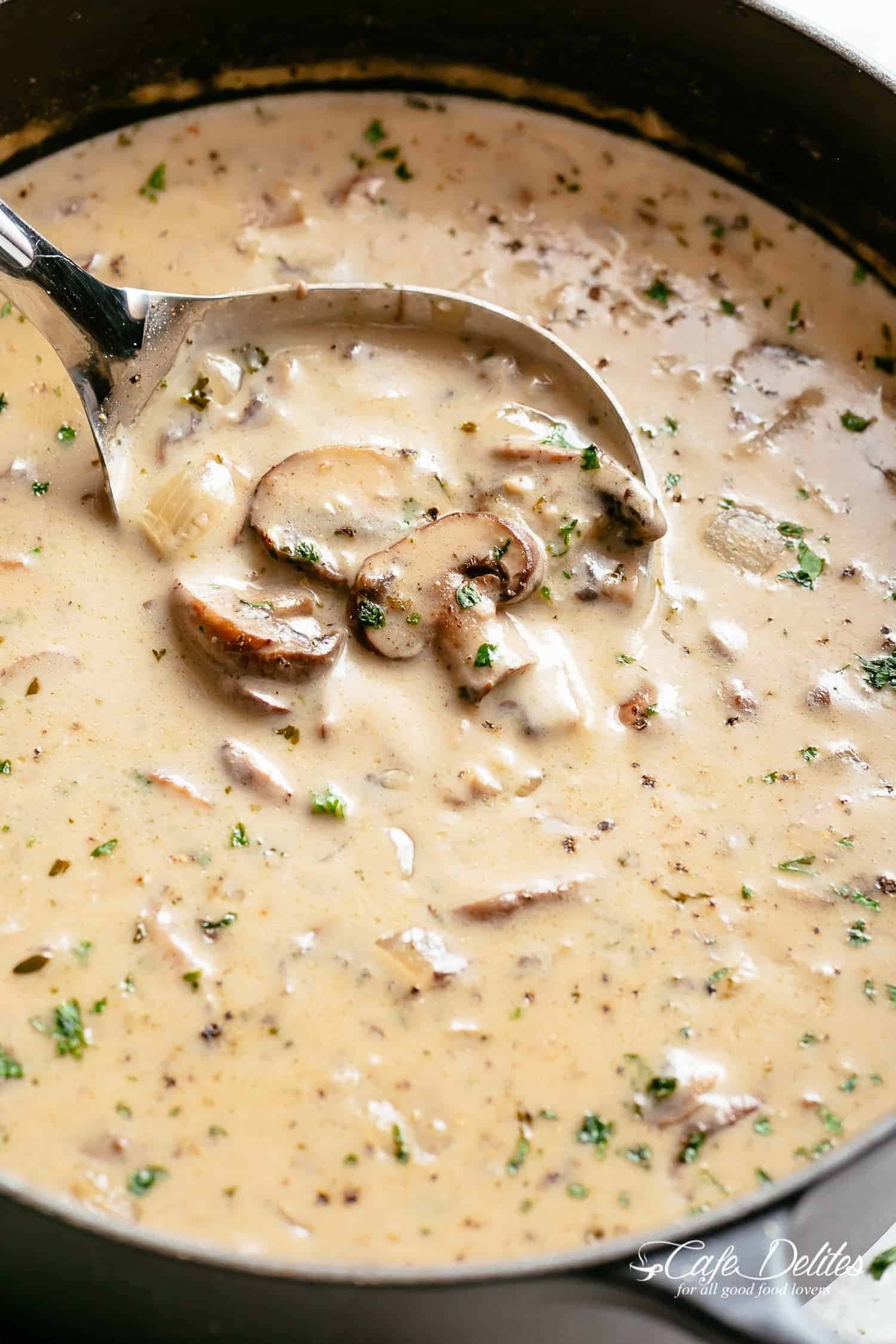 Cream of mushroom soup in a pot.